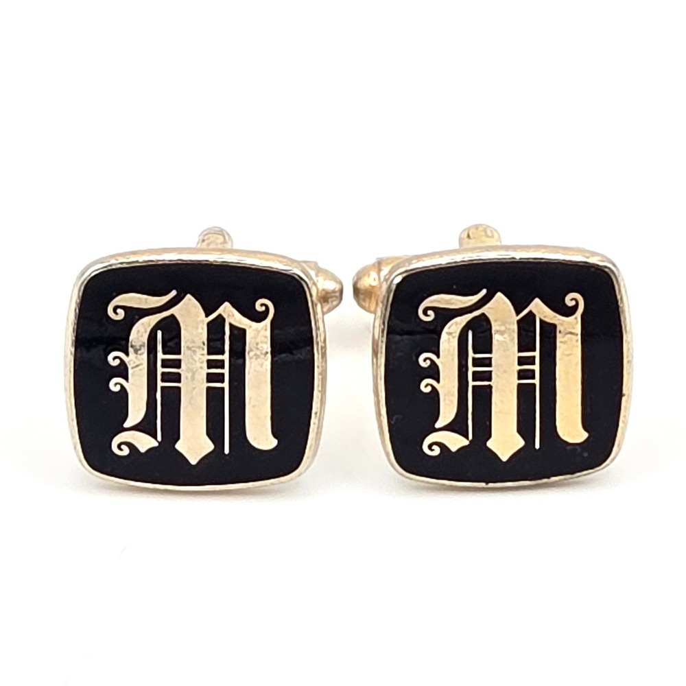 Vintage Gold Tone Black Enamel Gothic Letter M Initial Square Toggle Cufflinks